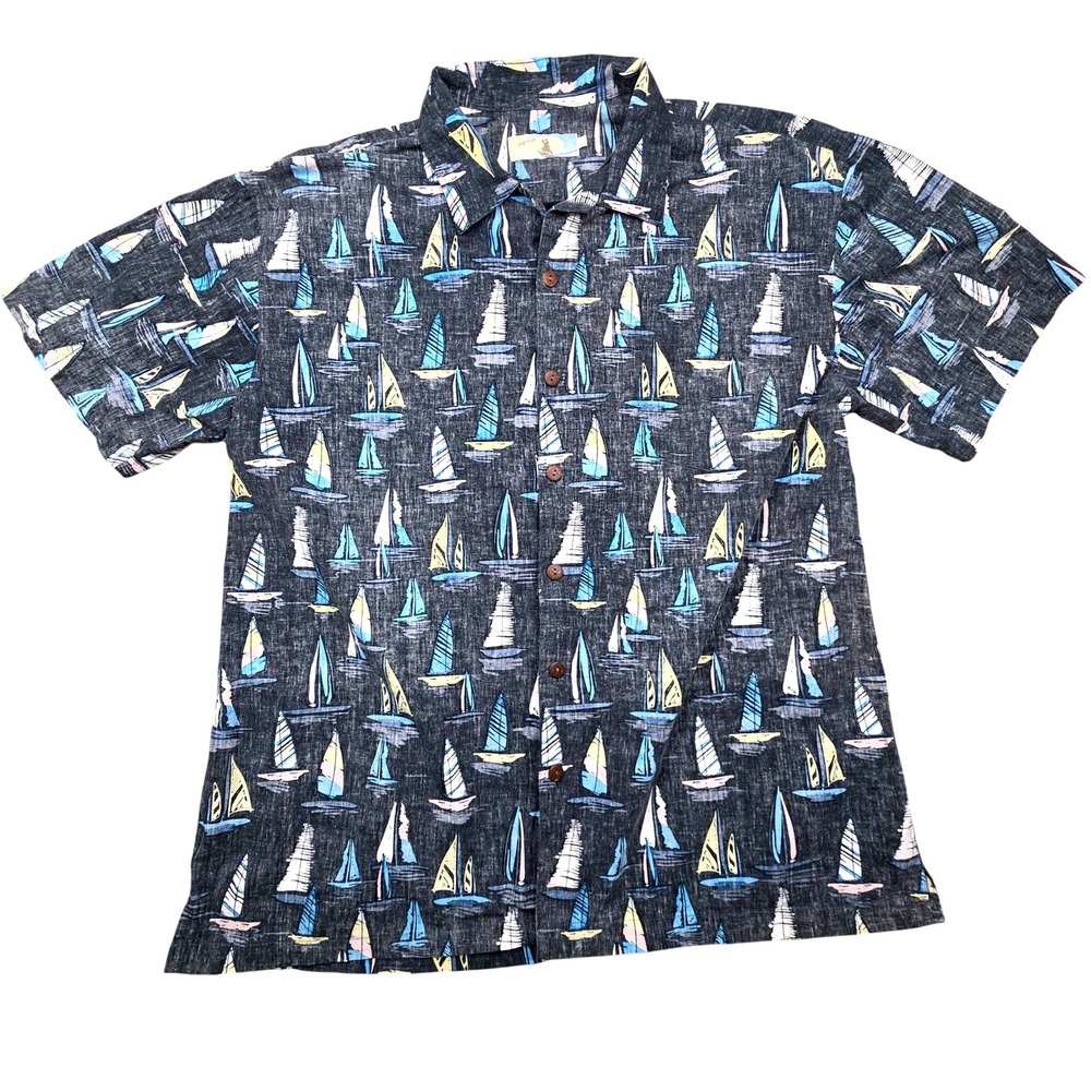 Sailboat Print High Surf Mens 2XL‎ Button Down Shirt Short Sleeve Nautical Gray